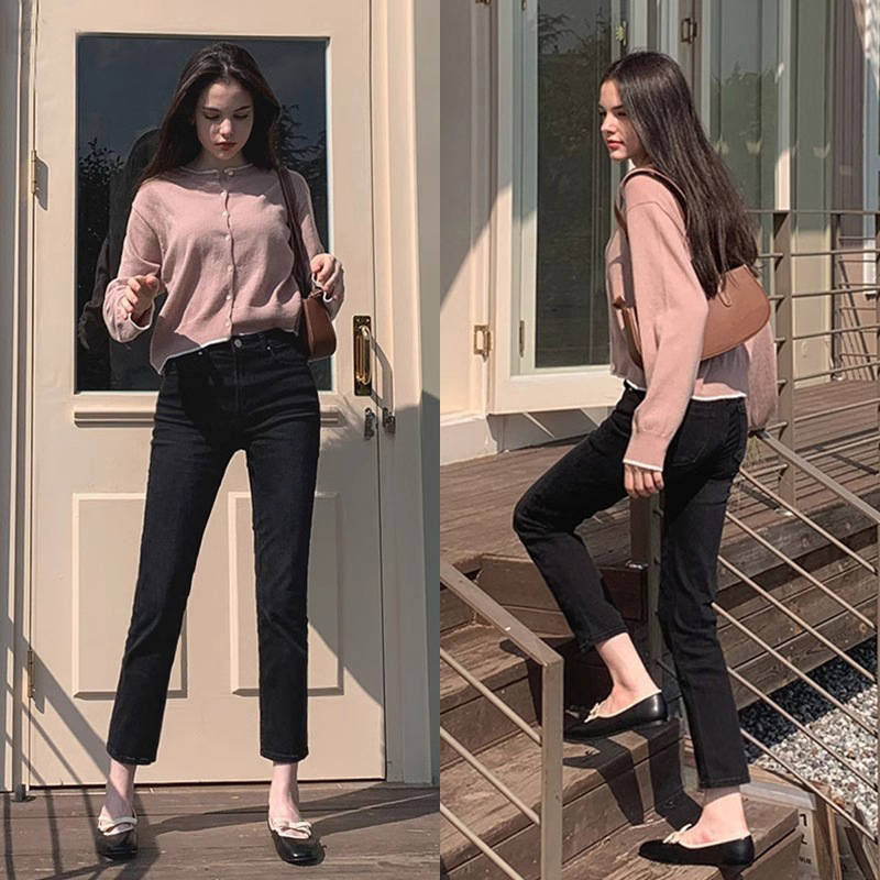 autumn and winter new fleece-lined thickened black straight jeans women‘s high waist slimming casual all-match fashionable french pants