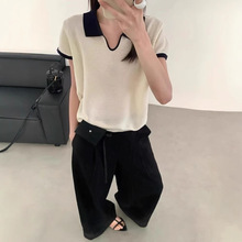 爆款！莱赛尔天丝撞色POLO领针织短袖女 夏新款气质显瘦翻领上衣