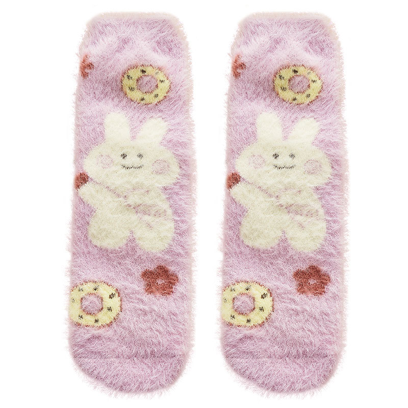 Autumn and Winter Mink Fur Mid-Calf Socks for Women Cute Cartoon Rabbit Room Socks Furry Fleece-lined Thickened Confinement