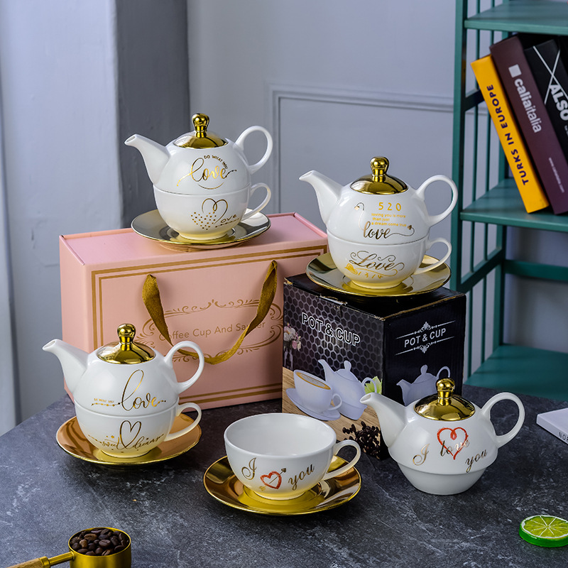 European-Style Coffee Shop Home Living Room Office Afternoon Tea Coffee Set Golden Edge Mother and Child Pot Tea Set