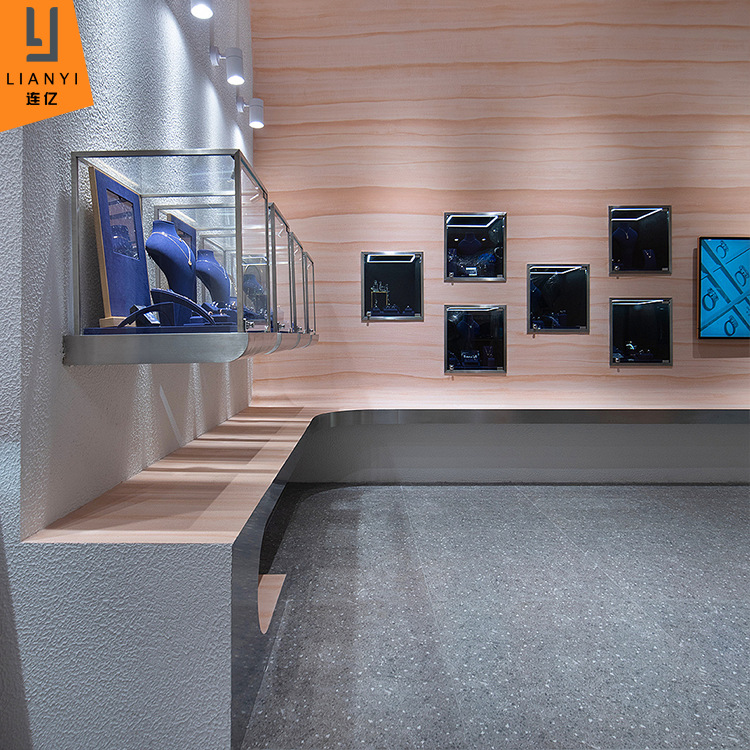 高端品牌店金属玻璃展柜上墙黄金首饰展示柜带锁带灯入墙珠宝柜子