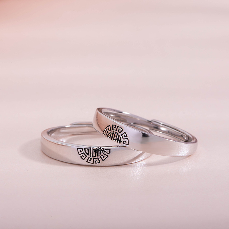 韩一双喜情侣戒指男女同款复古小众设计纯银对戒异地恋对戒指环潮
