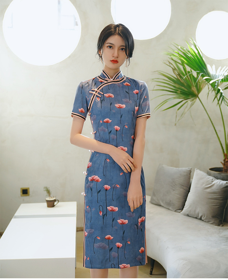 春夏新款改良立领复古中式长款旗袍写真修身气质时尚旗袍裙