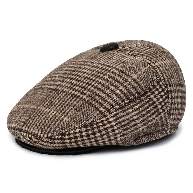 Autumn and Winter Woolen New Advance Hats Men's British Vintage Fleece-Lined Patch Peaked Cap Beret Middle-Aged and Elderly