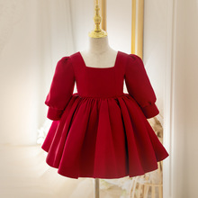 儿童周岁礼服女宝宝洋气花童礼服红色女宝宝中国风长袖礼服公主裙