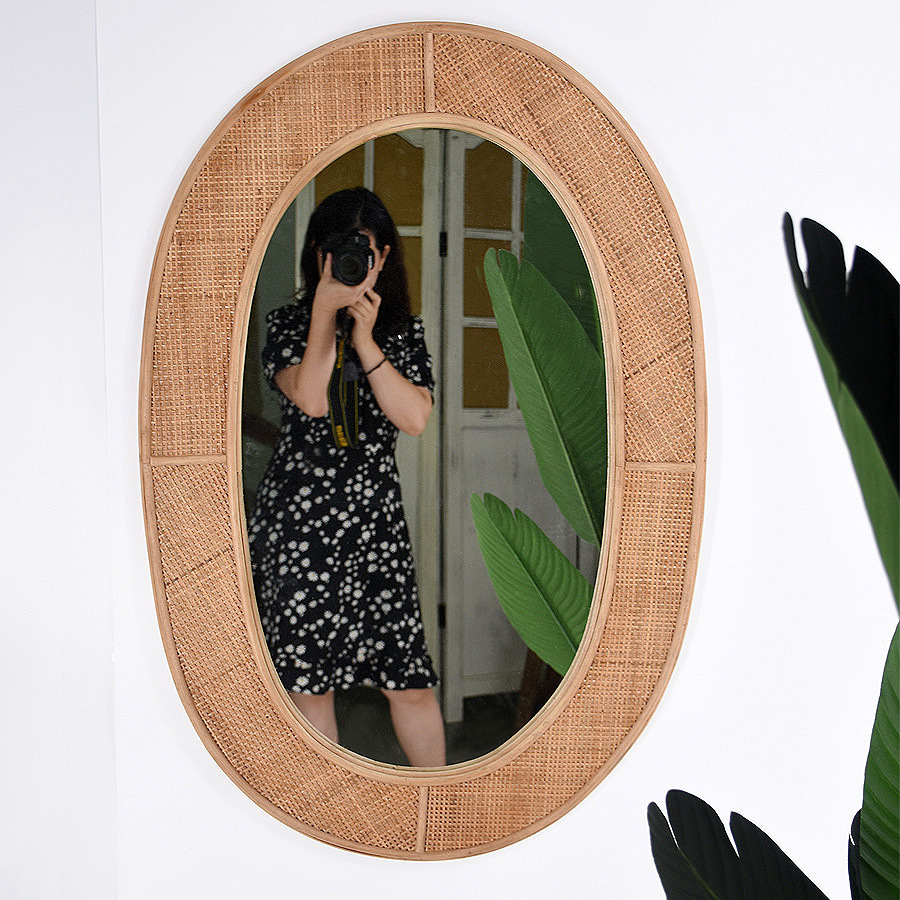 pastoral style grass woven decorative mirror vintage b & b rattan handmade cosmetic mirror bedroom oval wall-mounted mirror