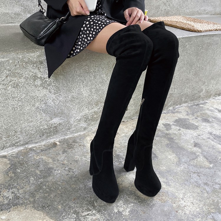 秋冬新款高筒靴弹力靴圆头粗跟防水台恨天高过膝长靴黑色女鞋