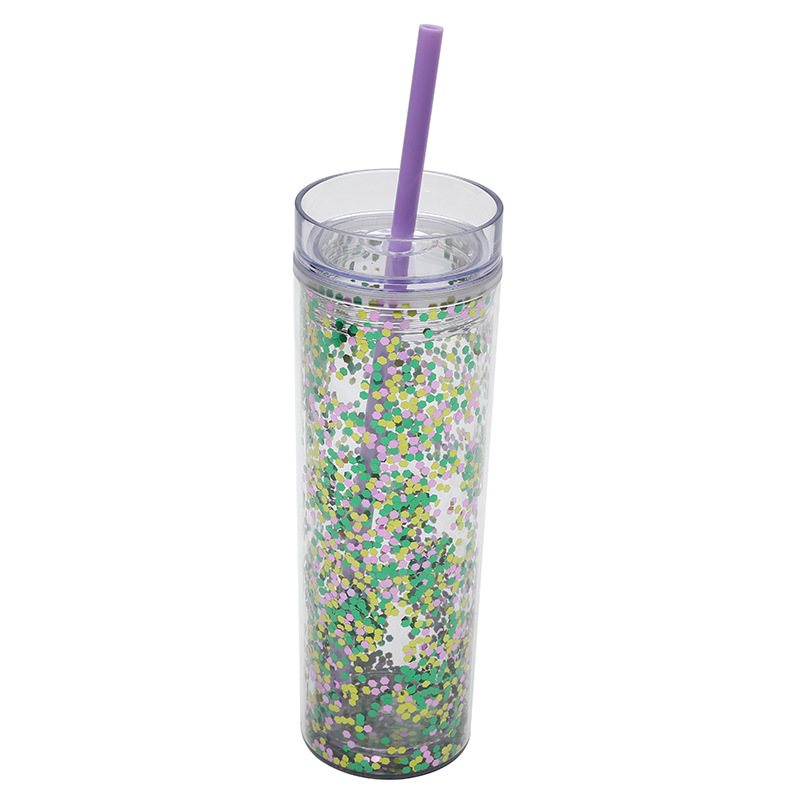 2022 Cross-Border Amazon New Gradient Color Rainbow Color Water Cup Straight Sequins Handy Double Plastic Straw Cup