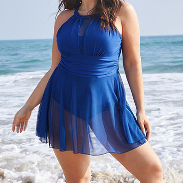 定制欧美纯色温泉plus size泳衣保守圆领吊带露背高腰连体裙式大