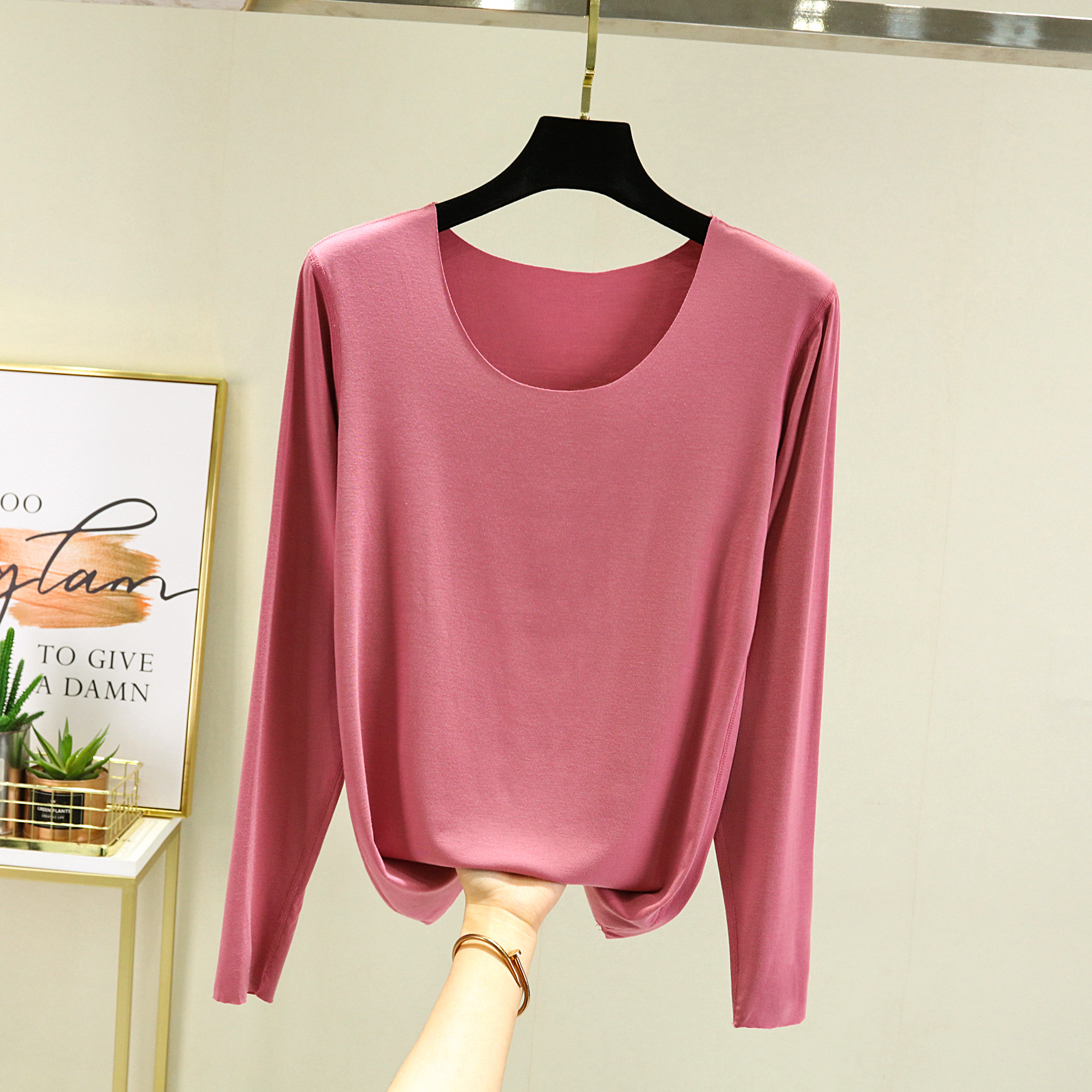 春秋款莫代尔长袖圆领t恤女弹力修身小衫内搭白色打底衫大码上衣