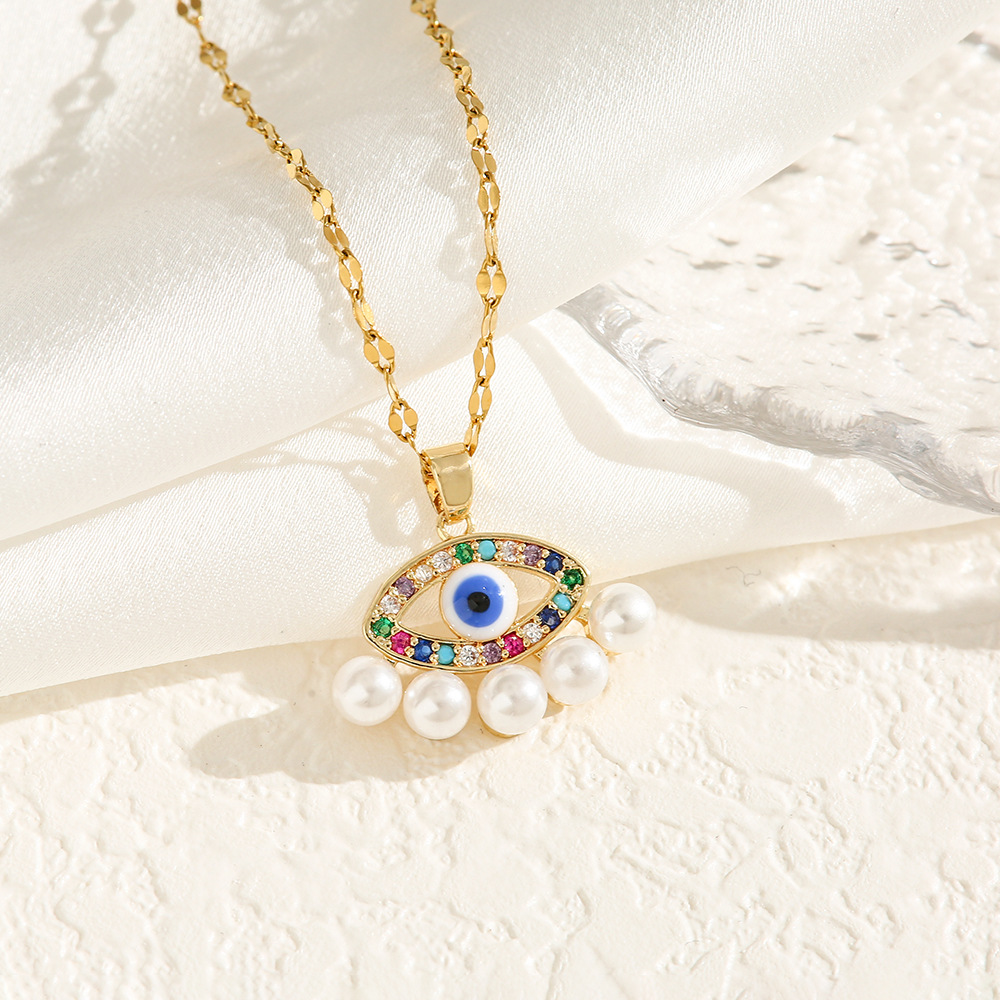 欧美跨境饰品恶魔之眼吊坠项链 珍珠镶钻滴油土耳其简约眼睛配饰