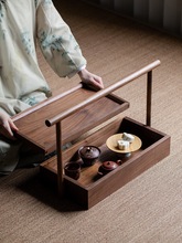 黑胡桃木手提食盒中式复古茶室糕点盒储物盒榫卯提梁盒