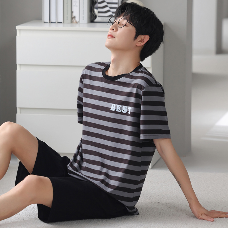 Men's Pajamas Summer Cotton Short-Sleeved Shorts Thin Casual Youth Home Wear Spring and Summer Can Be Worn outside Suit