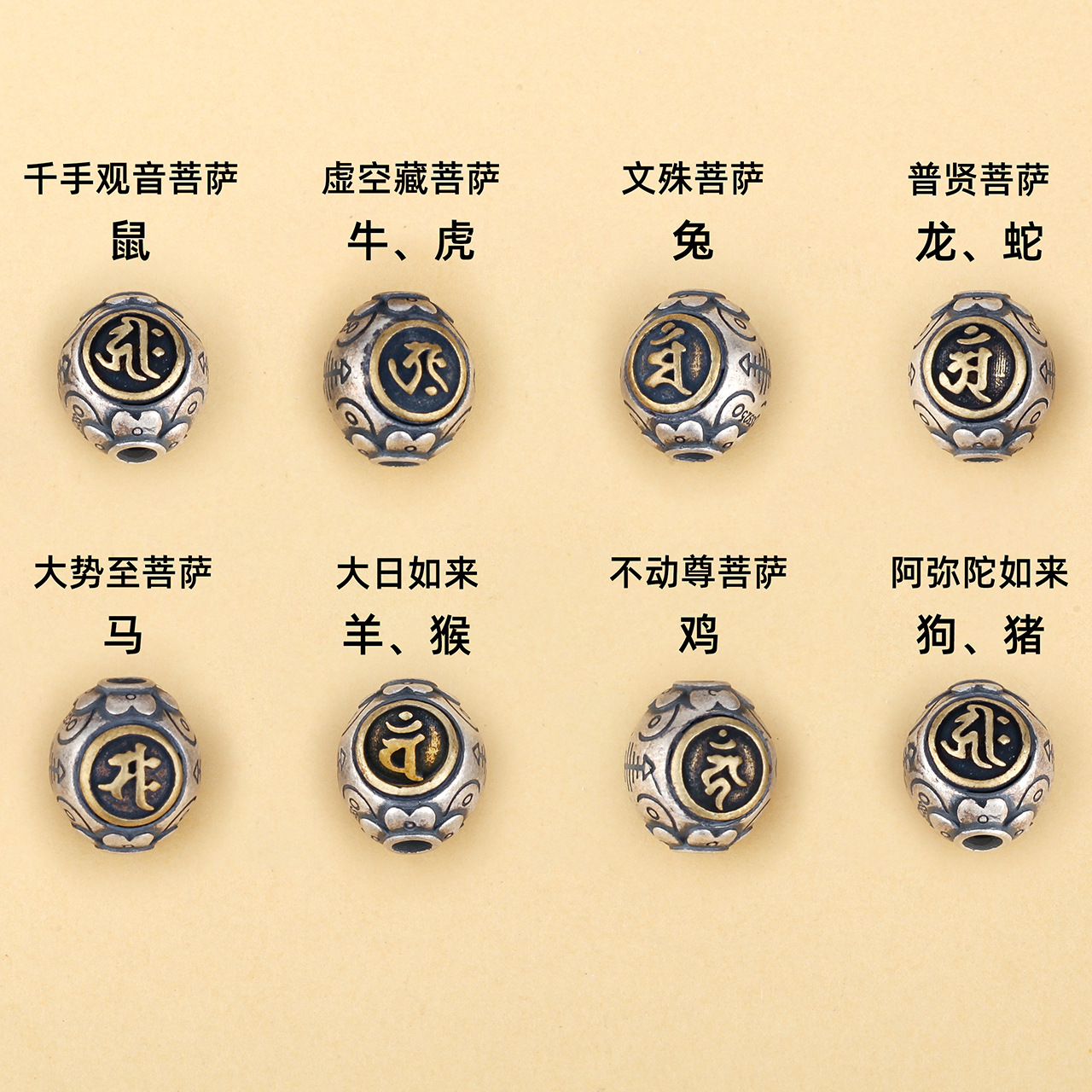 s925纯银泰银十二生肖守护神本命佛梵文圆形隔珠diy串珠红绳配件