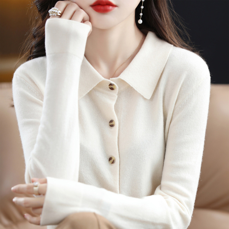 Autumn and Winter Polo Collar Pure Wool Sweater Women's Coat Younger Peter Pan Collar Cashmere Coat Women's Loose Lapels Knitted Cardigan