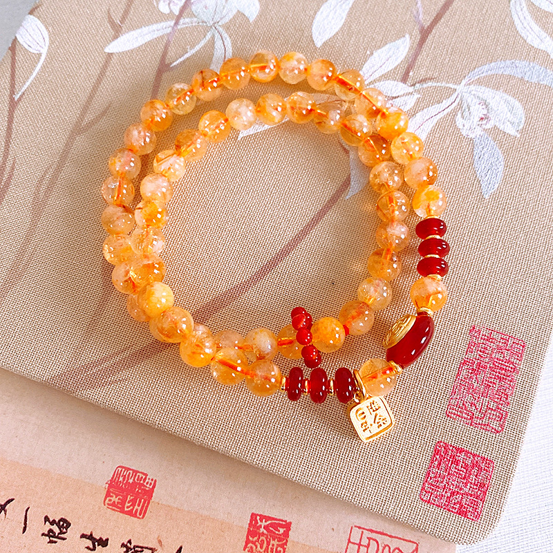 Real Gold Electroplated New Chinese Style Hair Crystal Square Plate Double Circle Beaded Bracelet Fashion Trendy Bracelet Light Luxury Bracelet Wholesale for Women