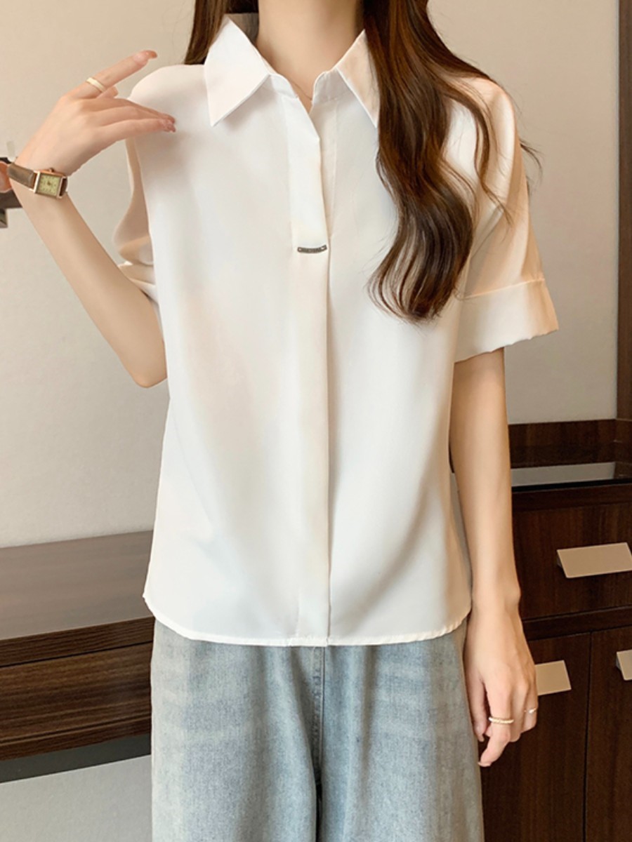 Summer New Design Sense Polo Collar Short-Sleeved White Shirt for Women Loose Casual Half Sleeves Trendy
