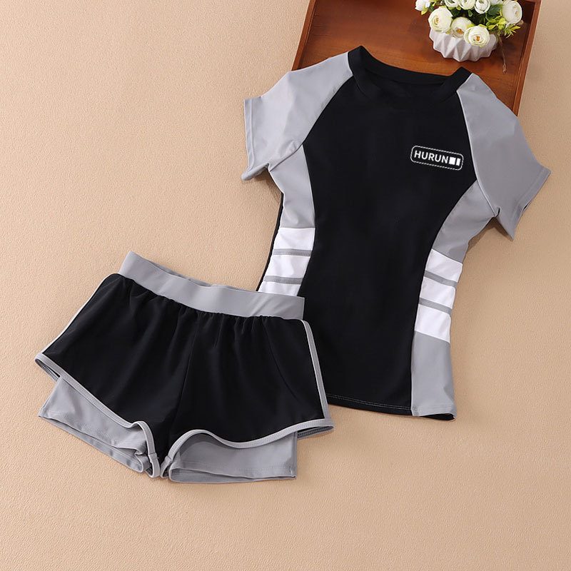 Girl's Swimsuit Two-Piece Short Sleeve Sun Protection Medium and Large Children's Boxers Children Quick-Drying Two-Piece Suit Student Swimwear Wholesale