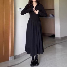 春装2024新款女装法式赫本风黑色长袖连衣裙子感气质打底长裙