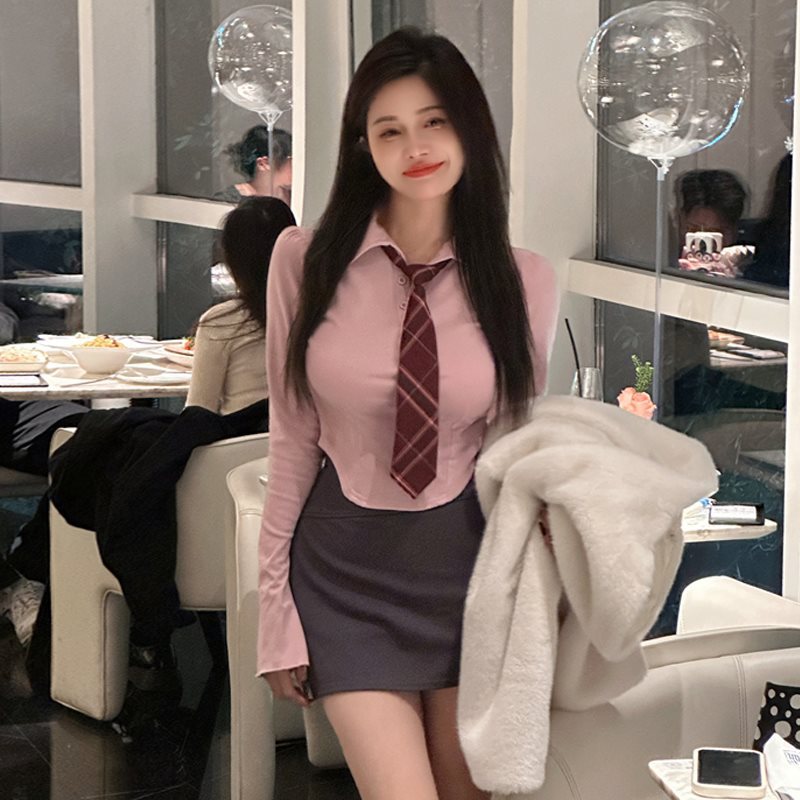 欲学院风翻领百搭显胸大网红主播短款衬衣显瘦包臀半身短裙套装