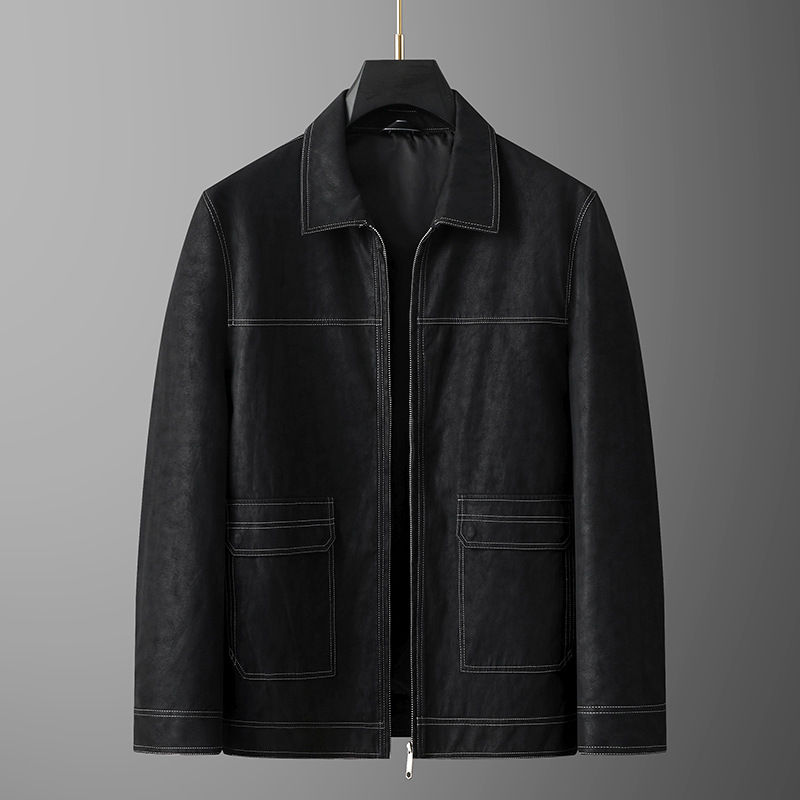 大码男翻领皮衣加肥加大磨砂皮质潮胖青年皮夹克缉明线外套特大号