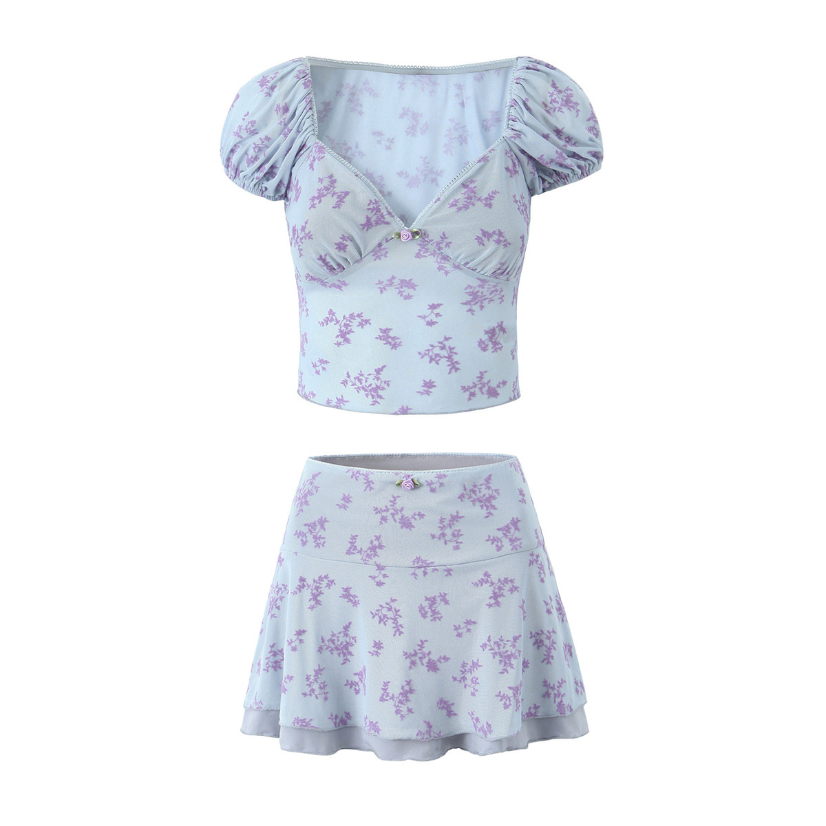 6411-23秋季新款 欧美风v领印花网纱休闲短上衣低腰印花短裙套装