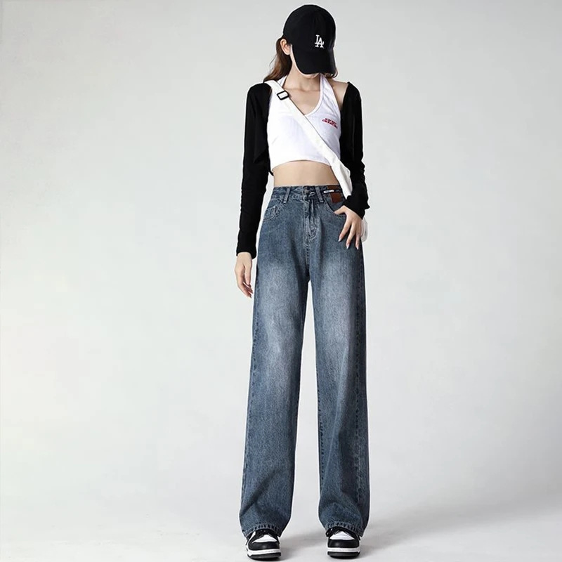 Cross-Border Jeans for Women 2023 Spring New Korean Style Distressed Loose Mop Draping Effect All-Matching Slimming Straight Pants