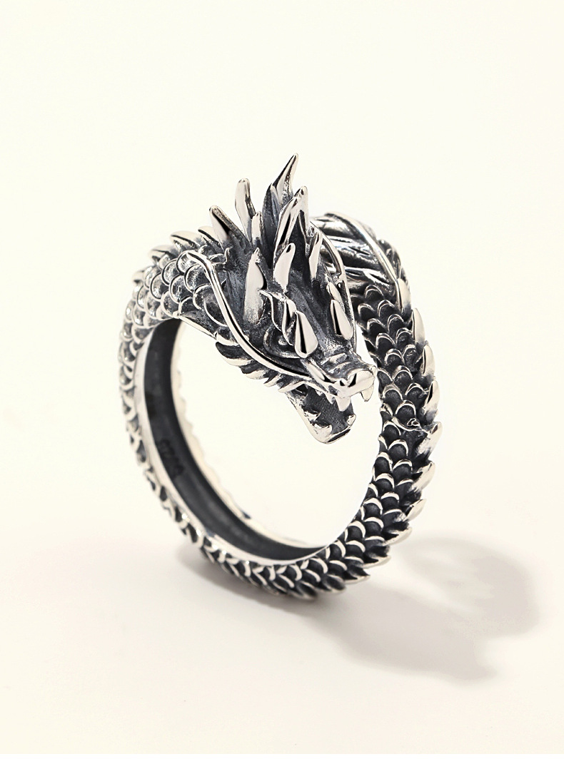 lrer/奢遇925纯银饰龙戒指戒指男食指复古做旧潮人酷单身个性戒指