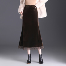 金丝绒鱼尾半身裙女2023秋季新款韩版垂坠感包臀裙高腰显瘦蕾丝裙