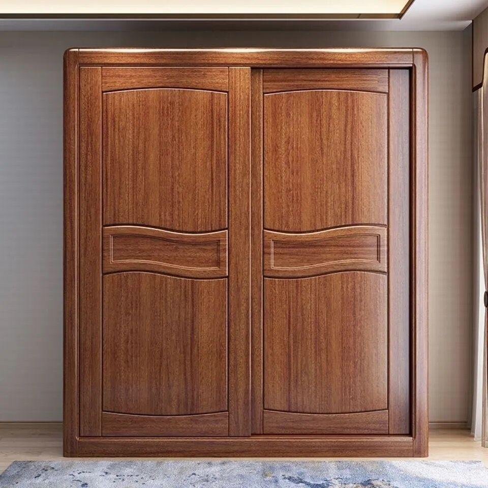 胡桃木实木组装简约推拉门衣柜出租房卧室家具收纳组合柜中式