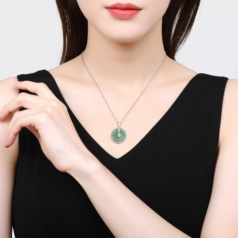 S925 Silver Inlay Natural a Cargo Emerald round Jade Pendant Good Luck Comes Jade Pendant Pendant Necklace Men's and Women's Pendant