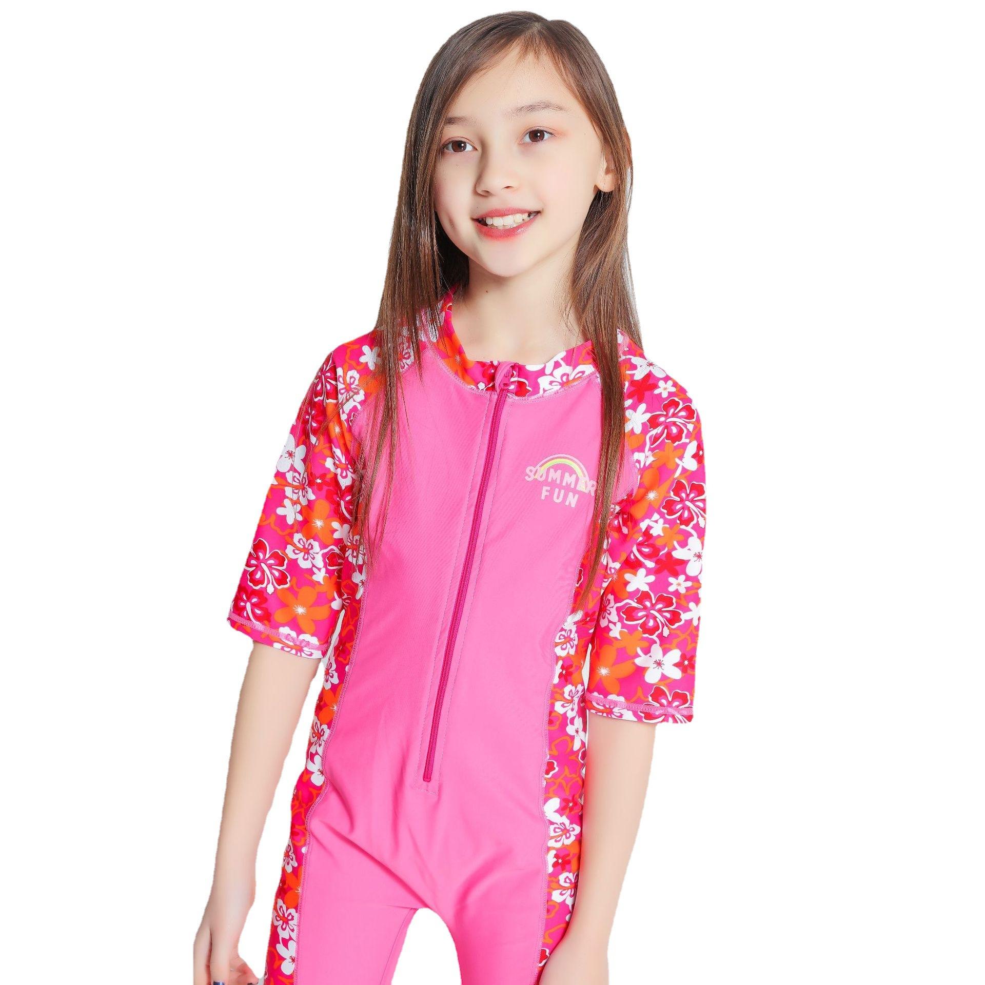 女童锦氨纶花朵拼色中袖连体游泳衣儿童沙滩泳衣一件代发
