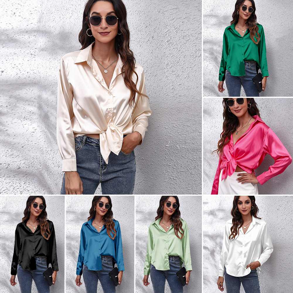 Popular Real Shot Satin Shirt Women's Satin Artificial Silk Long Sleeve Shirt New European and American Foreign Trade Cross-Border Women's Clothing Women Clothes