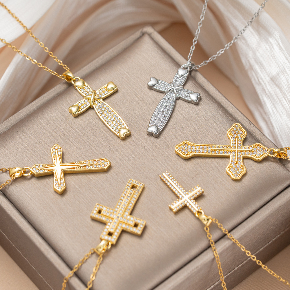 欧美跨境满钻十字架钛钢项链女高品质个性朋克锁骨链海外热销饰品