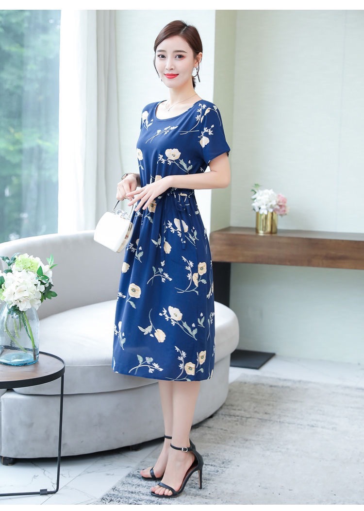 有口袋夏季棉绸连衣裙新款夏中长款宽松大码收腰妈妈装碎花裙