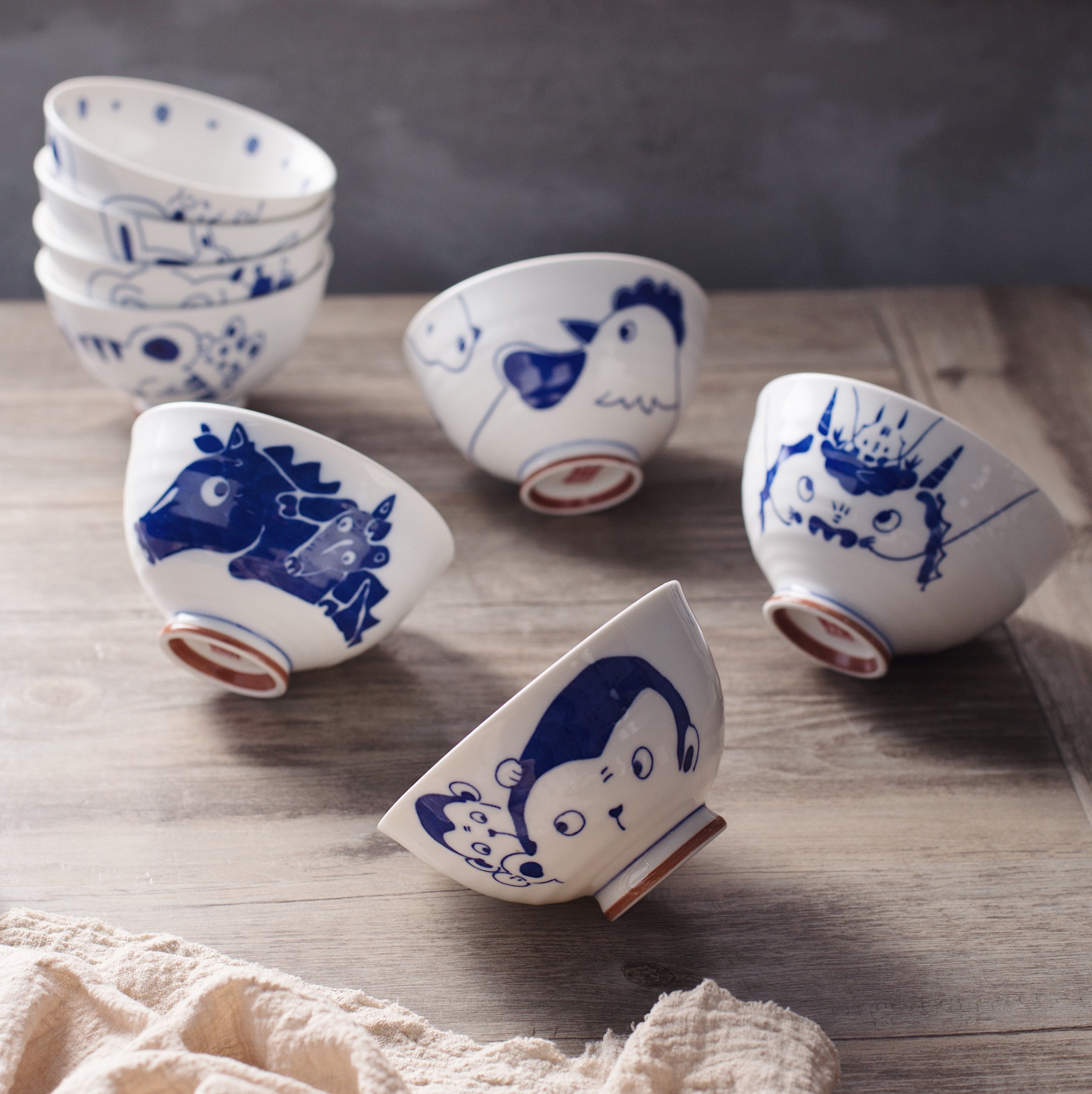 景德镇陶瓷中国风日式米饭小碗 家用简约十二生肖高脚陶瓷碗套装