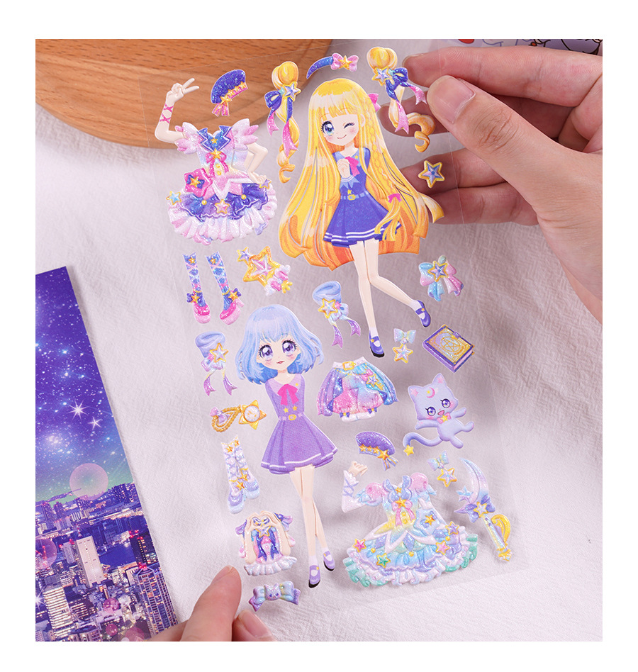 闪乐新品魔法公主双层换装贴纸 儿童卡通小女孩立体换衣服贴贴画