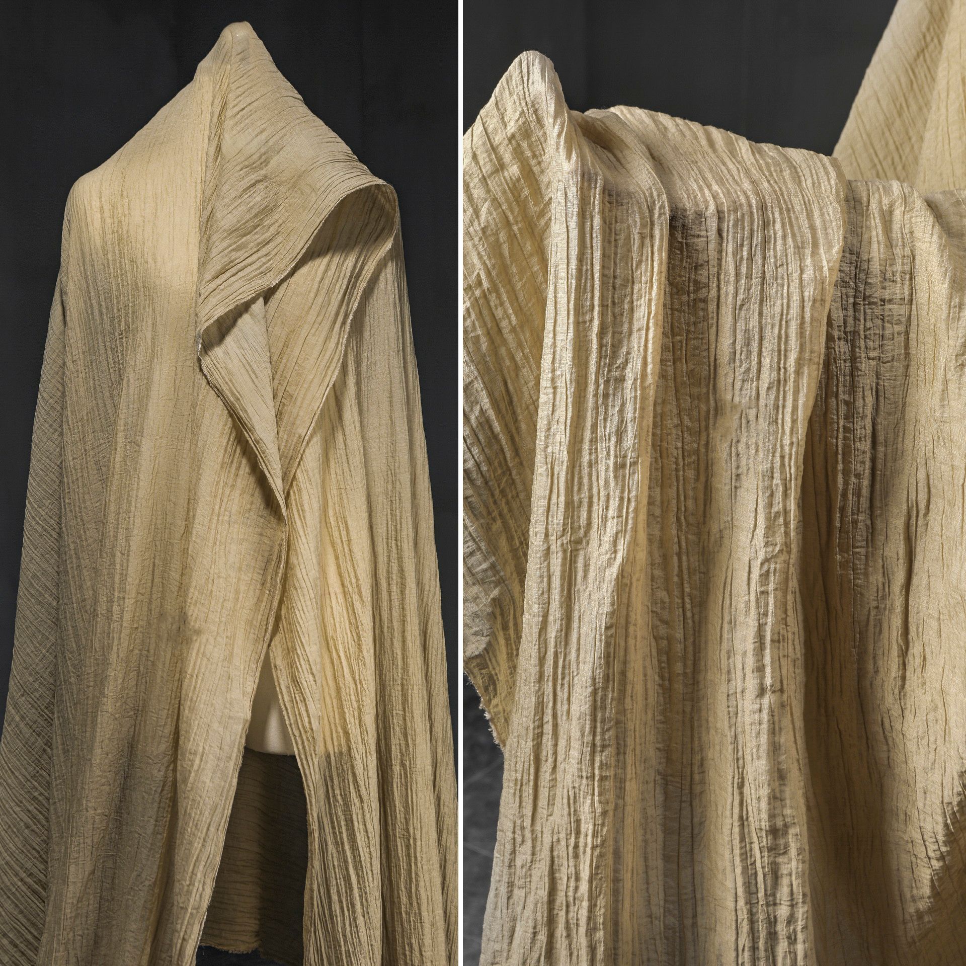 驼色沟壑人丝压褶褶皱布 文艺复古半裙服装薄棉麻肌理设计师面料