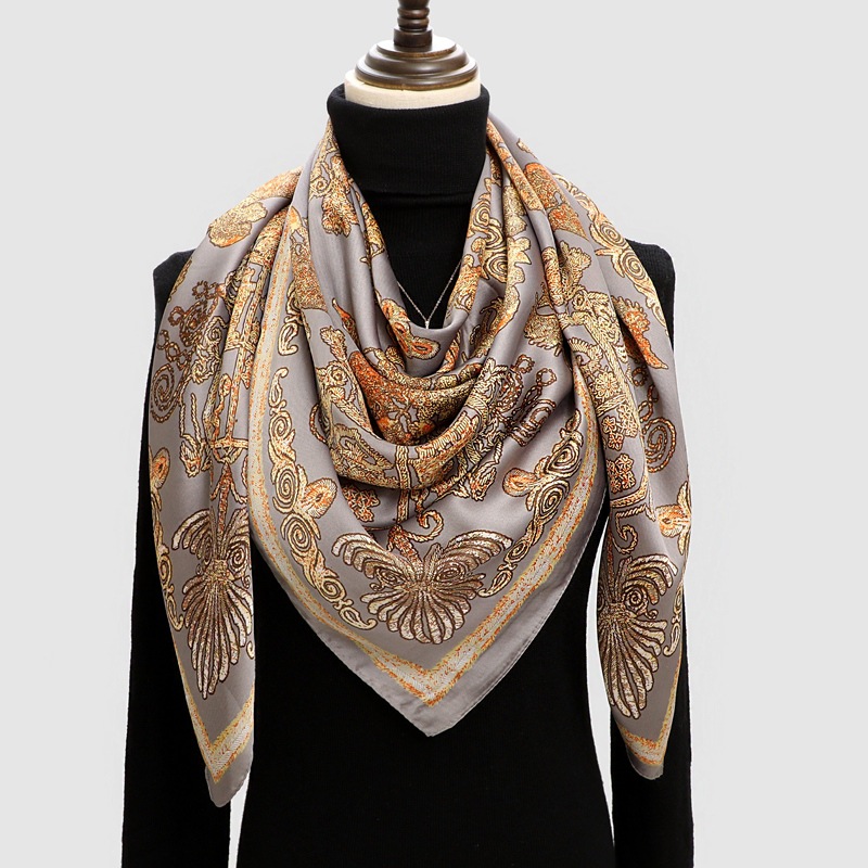 Douyin Online Influencer Hot Selling Product 110cm Large Kerchief Brocade Satin Quality Silk Scarf Square Scarf Artificial Silk Sunscreen Scarf