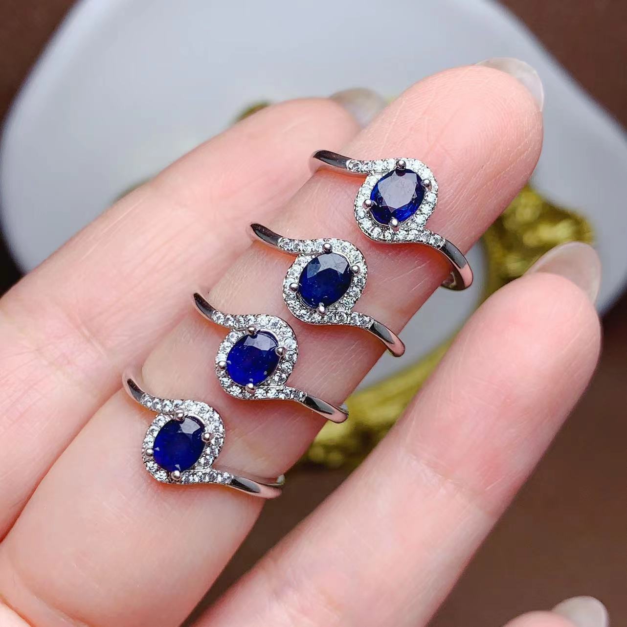 天然蓝宝石戒指卡兰925银镶嵌 开口设计戒指手饰直播热销一件代发