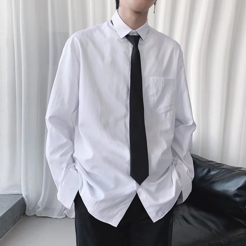 白色衬衫男长袖学院风打领带高中生学生班服纯白dk制服衬衣加领带