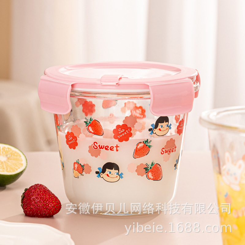 Thickened Glass Lunch Box Soup Bucket Microwave round Fresh-Keeping Bowl Cartoon Student Lunch Box Household Fresh-Keeping Box