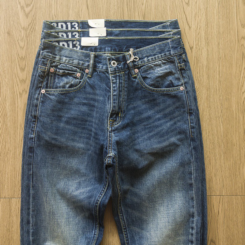 蓝边赤耳丹宁垮牛复古水洗牛仔裤男重磅直筒裤磨白牛仔长裤子