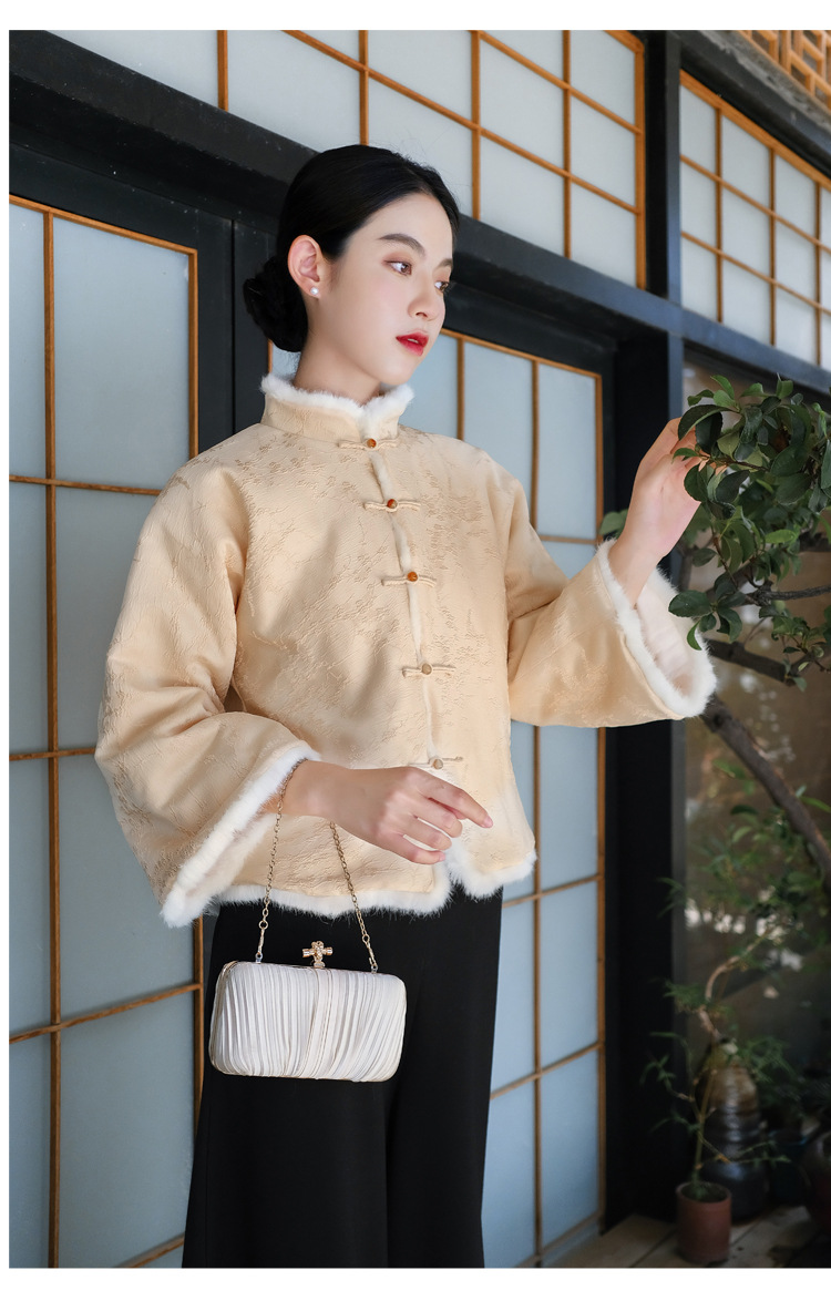 民国风毛领棉袄服女2021秋冬新款珠扣加绒加厚复古提花汉元素上衣