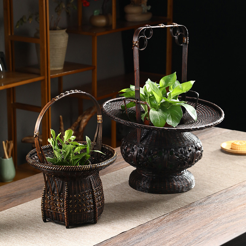 手工竹编花器日式 客厅玄关茶几插花器 禅意茶艺花插花篮竹摆件