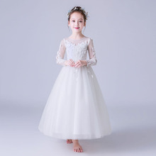 春季女白色礼服蕾丝短款女孩公主夏季棉童礼服蓬蓬婚纱裙儿童礼服