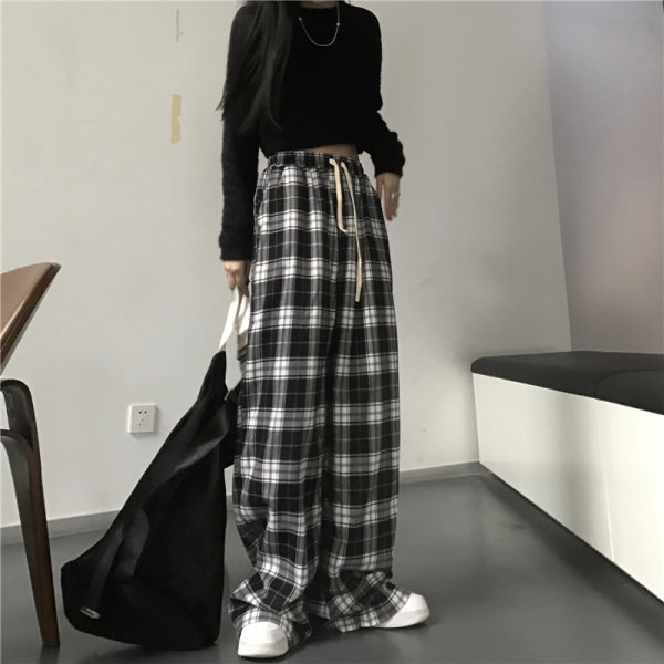 Summer 2022 Korean Style High Waist Lattice Loose Pants Casual Loose plus Size Mop Pants Contrast Color Small Straight-Leg Pants