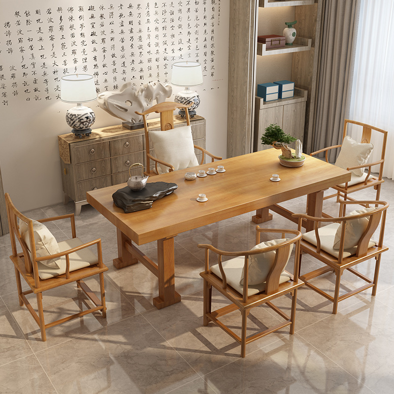 新中式原木茶桌椅组合 简约实木功夫茶几洽谈大板办公会客泡茶桌