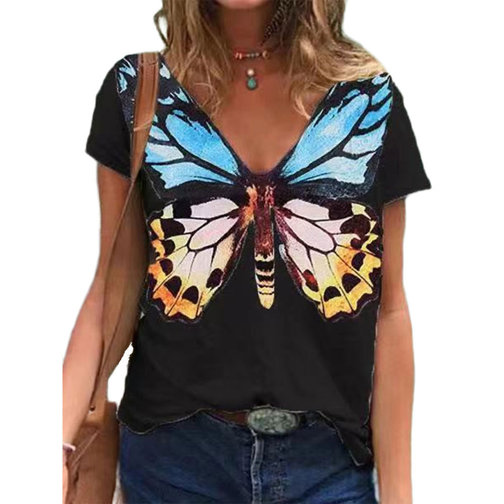 跨境欧美女装2021亚马逊春夏外贸新款蝴蝶图案印花v领短袖女上衣