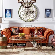 美式现代田园休闲法式复古设计师创意拉扣橘色丝绒三人位沙发
